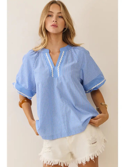 Striped Woven Blouse Contrast Trim