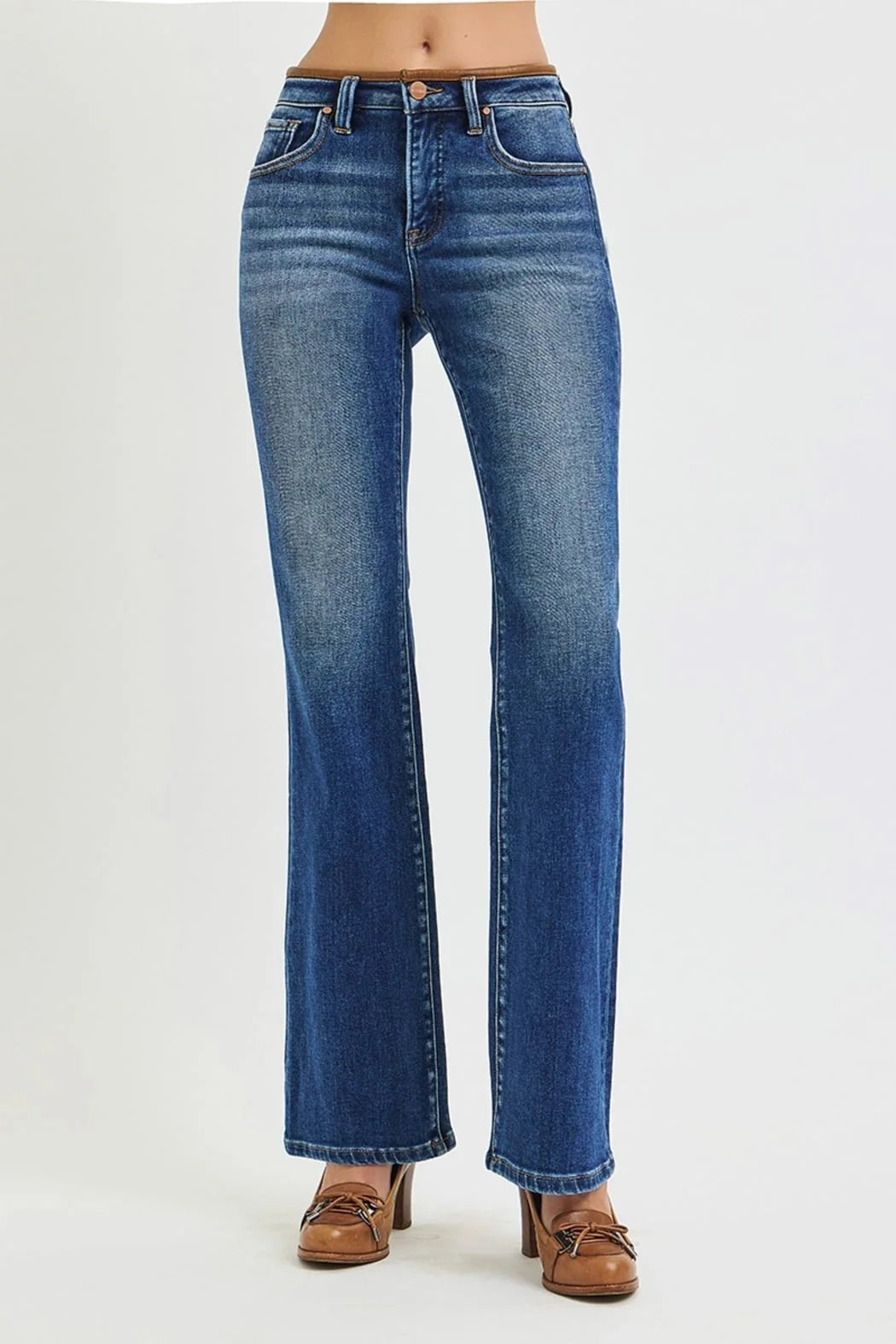 Tummy Control Mid Rise Bootcut Jean with Leather Detail