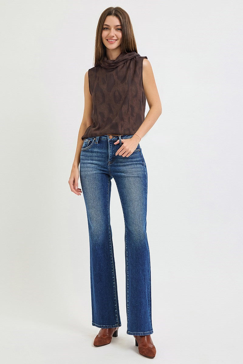 Tummy Control Mid Rise Bootcut Jean with Leather Detail