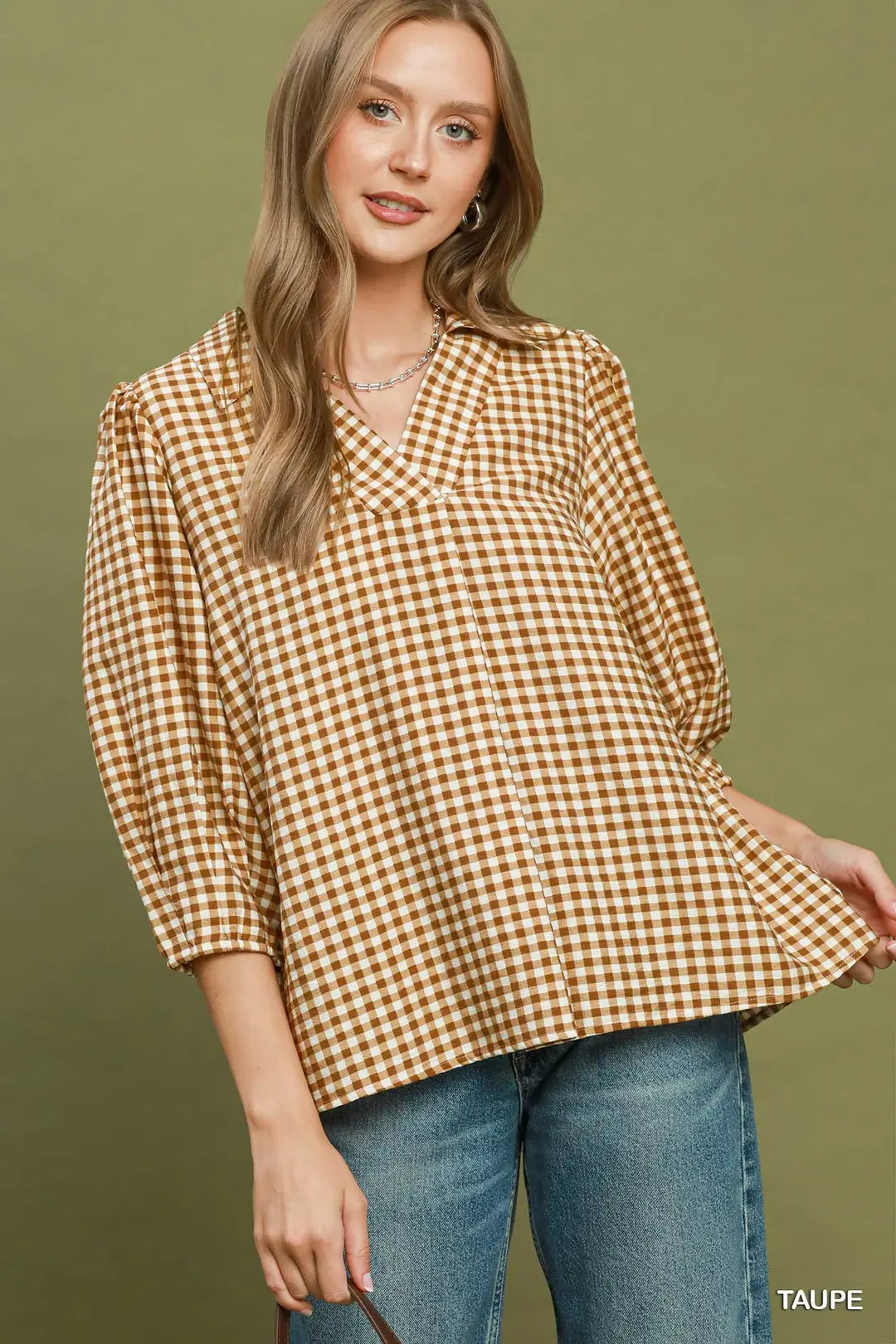 Gingham Check Collared Puff Sleeve Blouse
