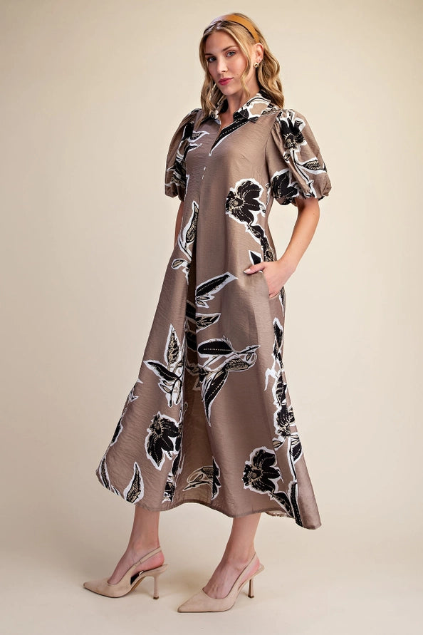 Fall Leaves Collared Midi Dress with Pockets