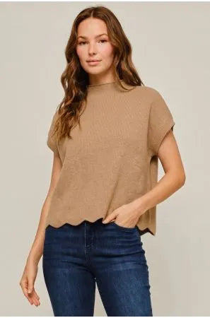 Scallop-Hem Mock-Neck Short-Sleeve Sweater