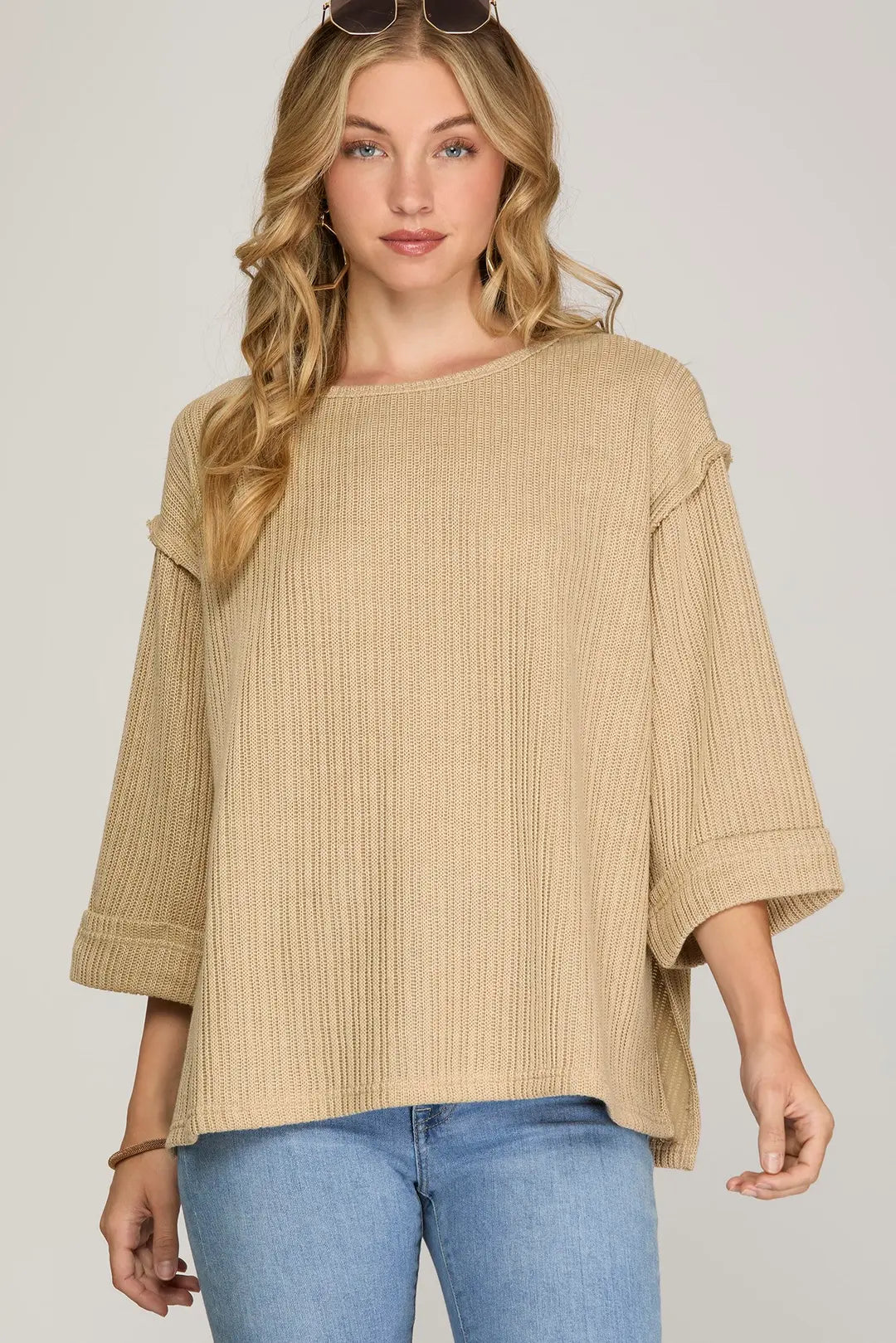 3/4 Folded Sleeve Knit Top