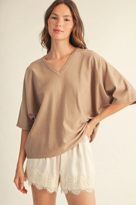Taupe Drop Shoulder V-Neck Sweater Top