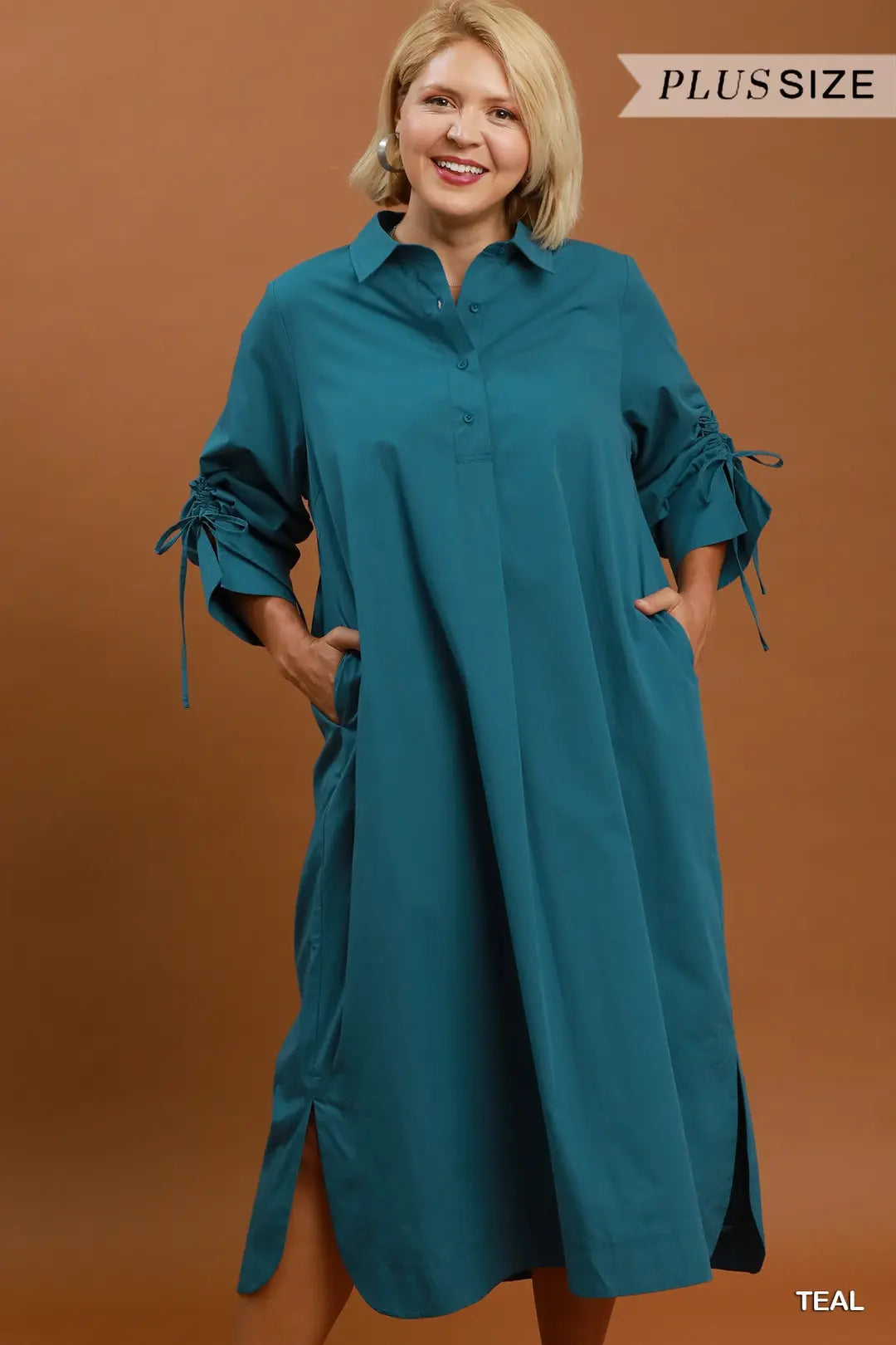 Collared Button Detail Relaxed Midi Dress - Plus