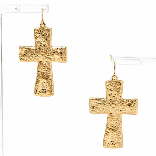 Textured Worn Gold Cross Earrings