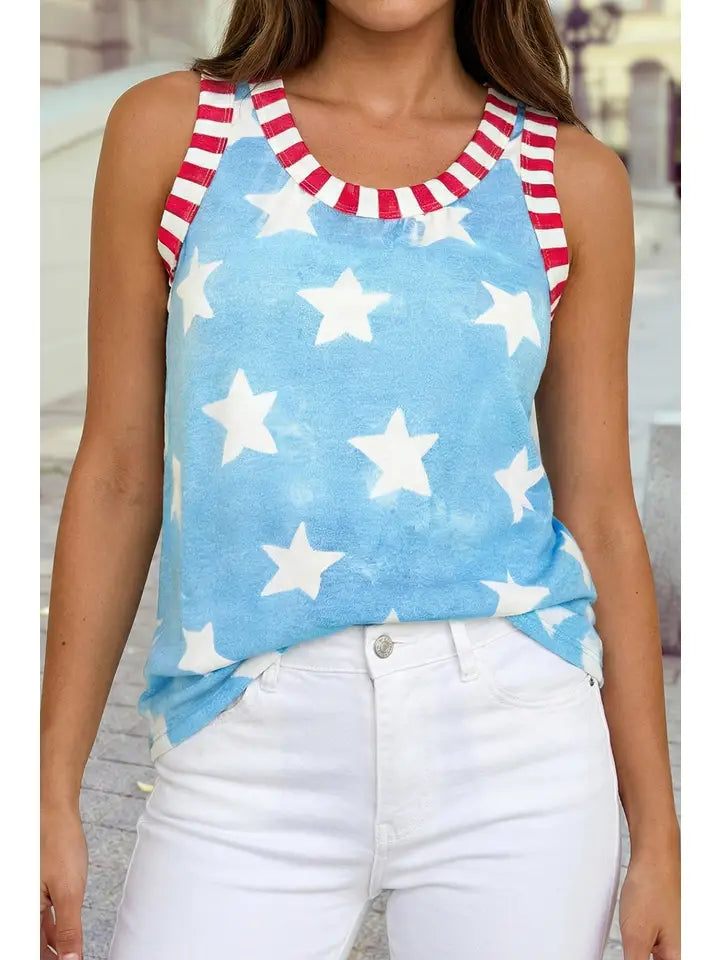 Tie Dye Star Striped Trim Tank