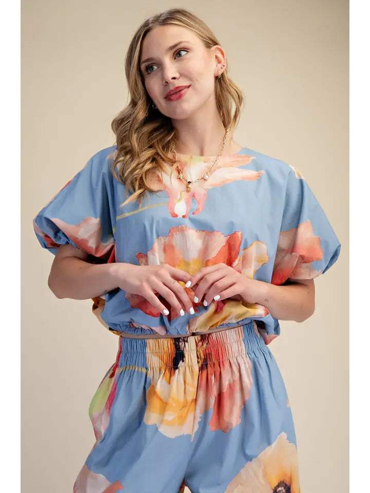 Floral Bubble Top & Wide-Leg Pants Set