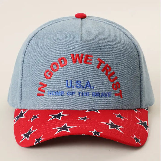 In God We Trust U.S.A. Home of the Brave Embroidered Denim Trucker Hat
