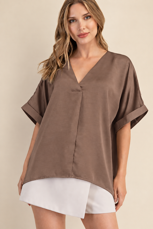 V-Neck High Low Satin Blouse