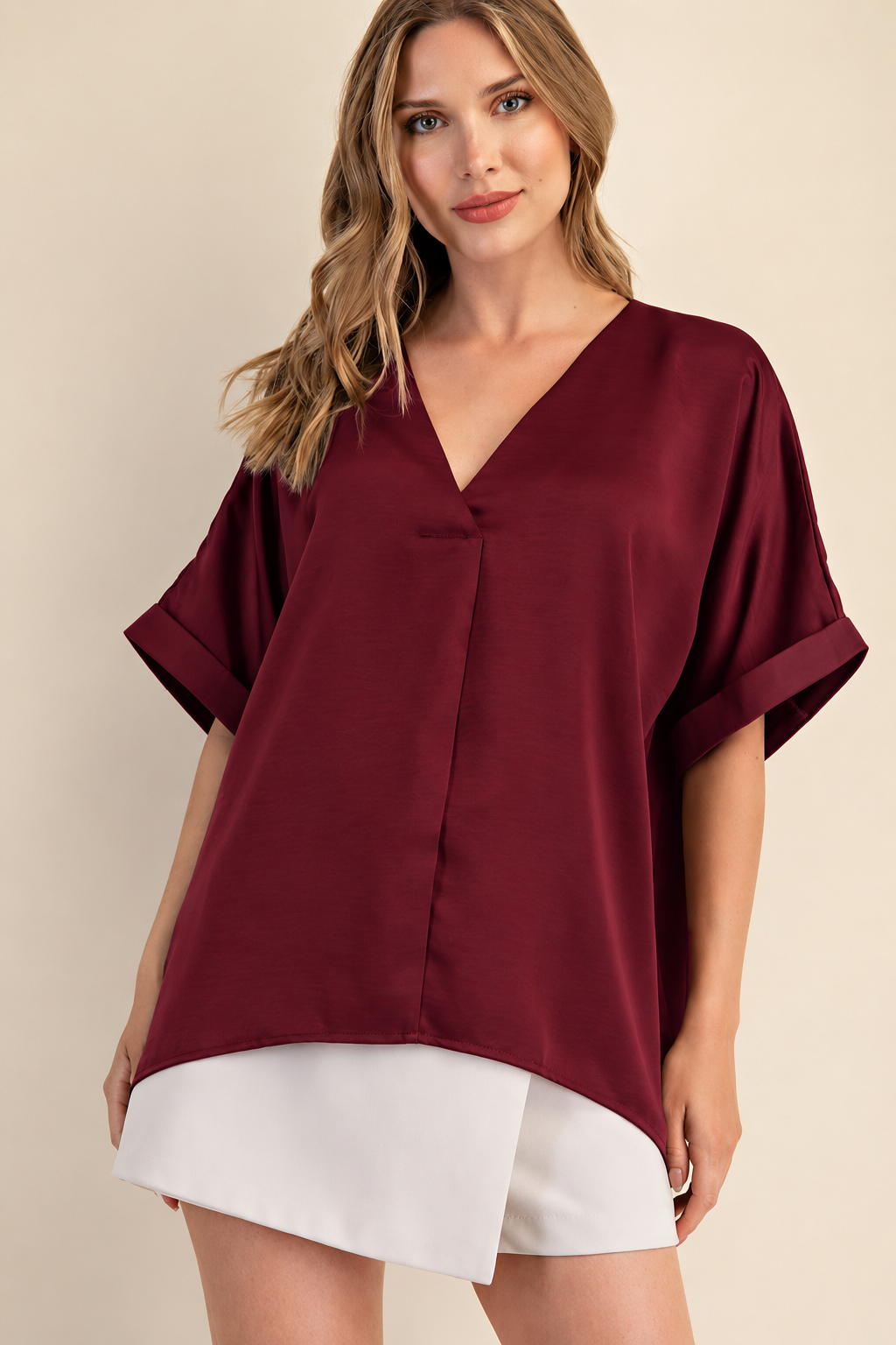 V-Neck High Low Satin Blouse