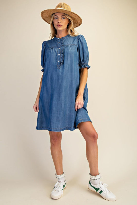 Button Front Washed Denim Dress