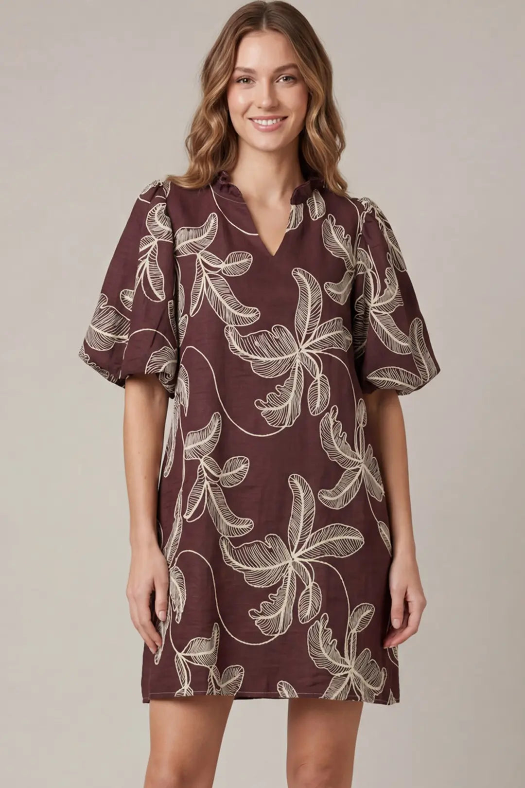 Puff Sleeve Embroidered Woven Dress with Pockets