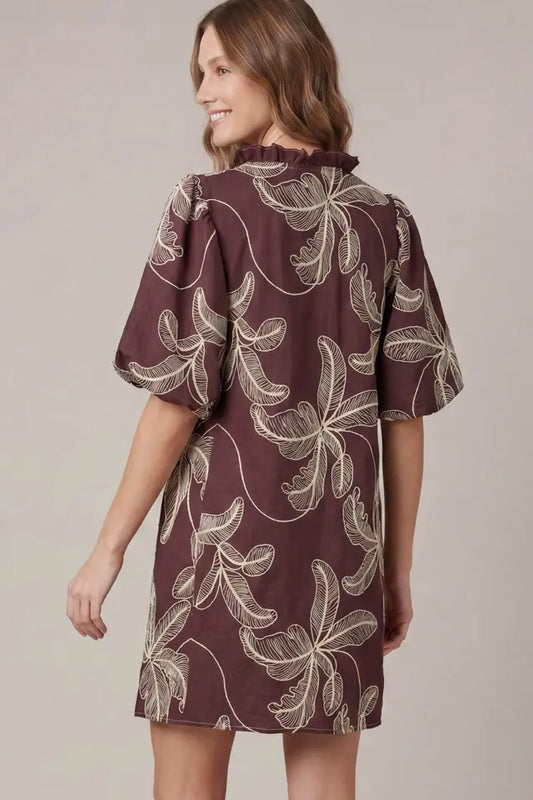 Puff Sleeve Embroidered Woven Dress with Pockets
