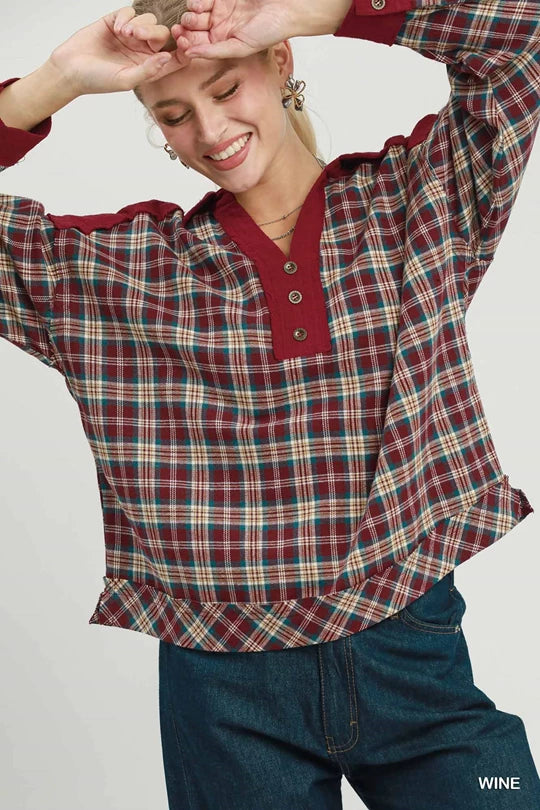 Plaid Collared Henley Top