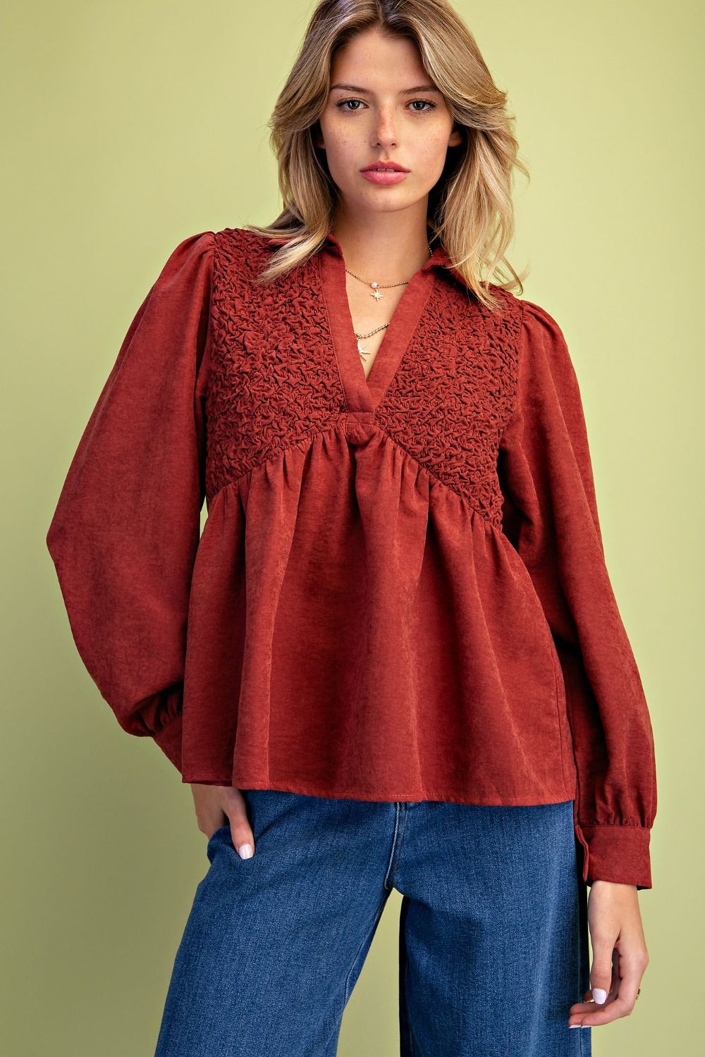V-Neck Smocked Panel Woven Babydoll Tunic