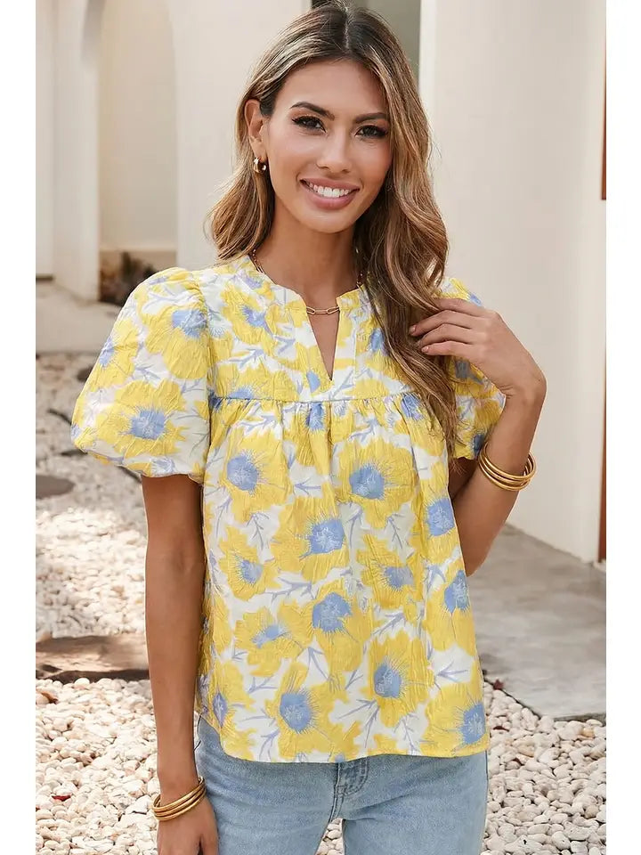 Floral Short Bubble Sleeve Blouse