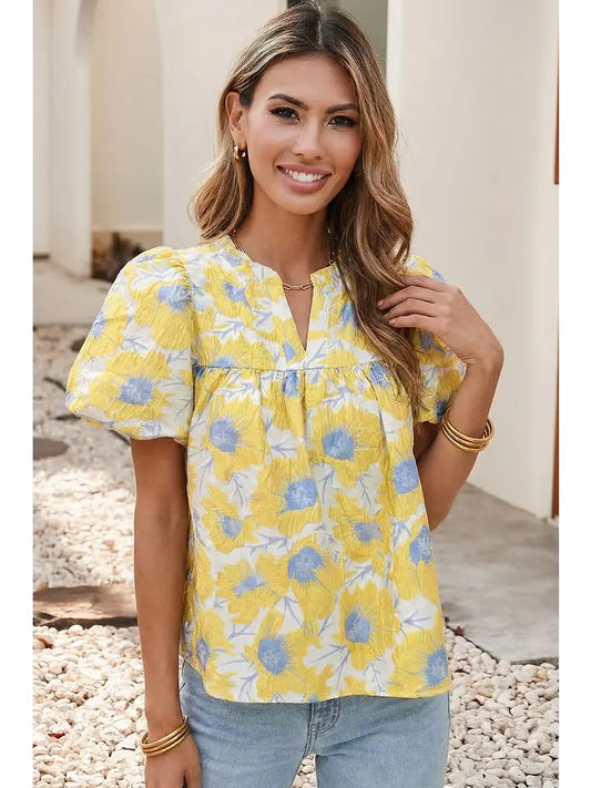 Floral Short Bubble Sleeve Blouse