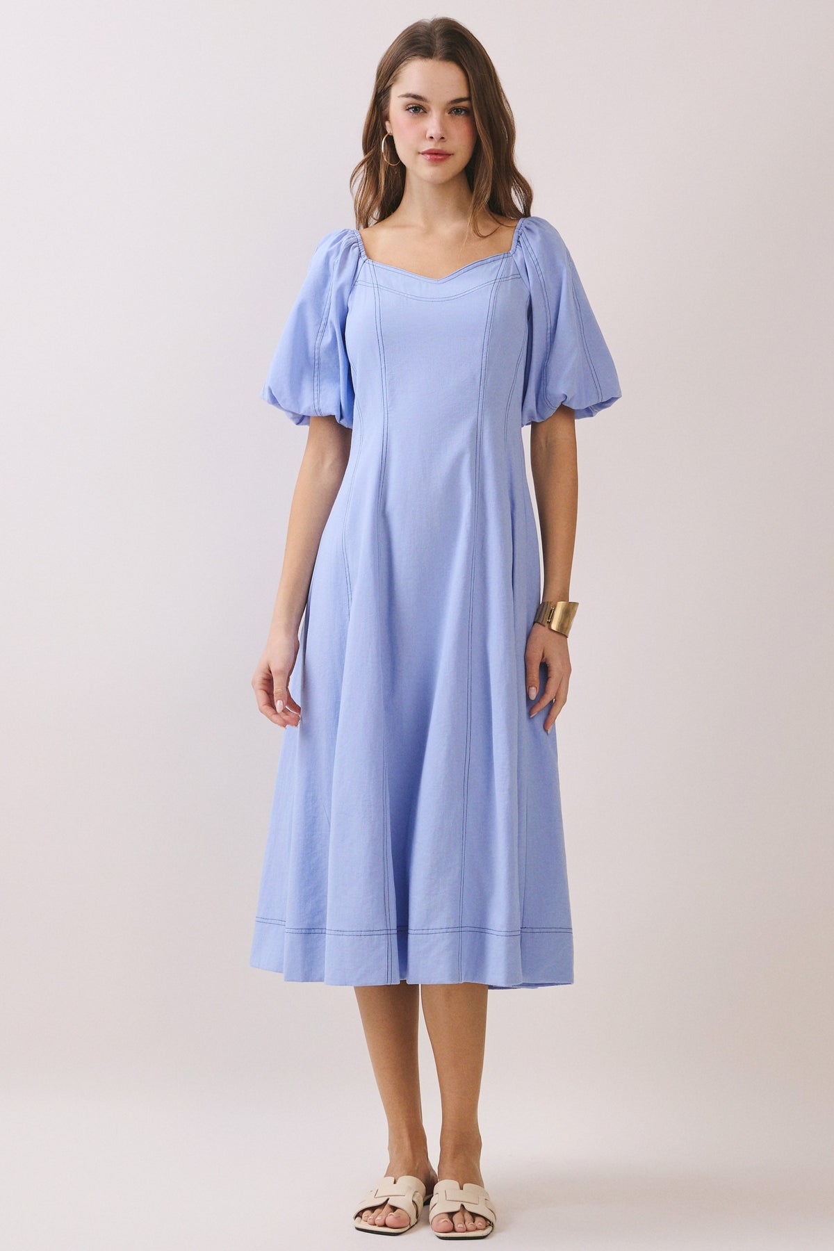 Puff Sleeve Blue Midi Dress