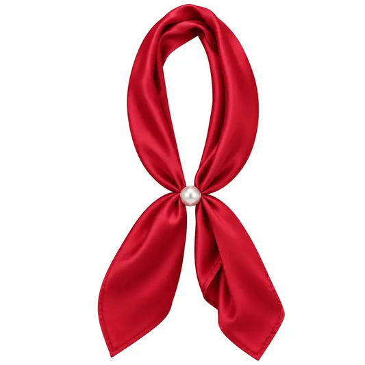 Bright red scarf necklace with a pearl-detail closure