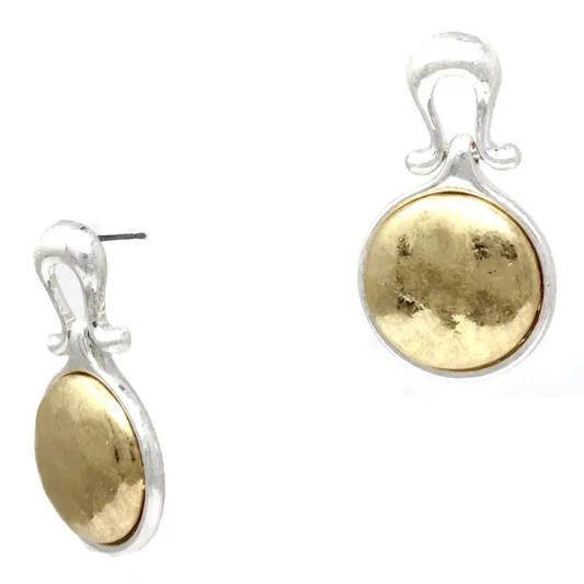 Silver U-shaped earrings with gold circle detail, approximately 1.25 inches