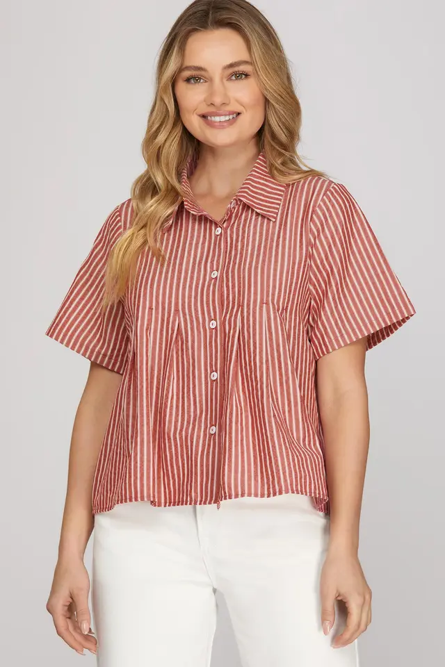 Woven Stripe Pleated Red Top