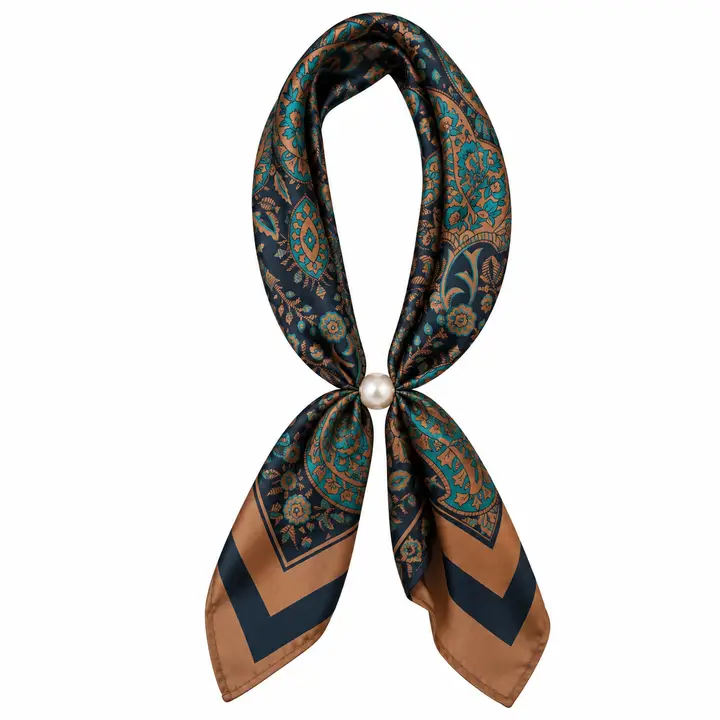 Multicolor printed scarf necklace with a pearl closure, displayed against a white background.