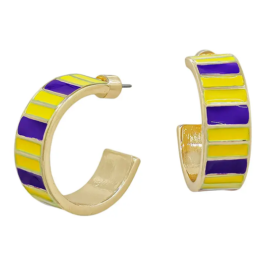 Purple and yellow enamel striped hoop earrings with gold-tone finish