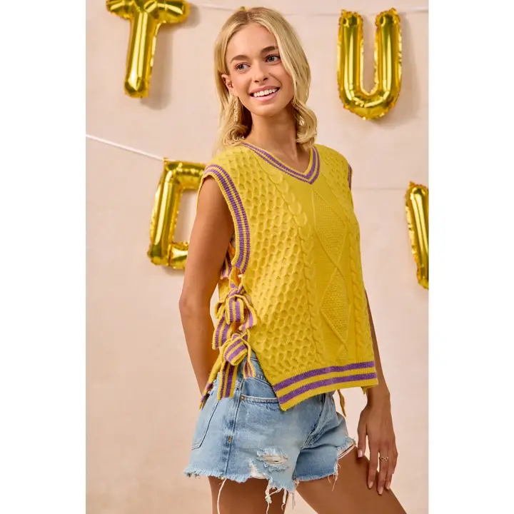 Game Day Textured Knit Sweater Top with Bow Tied Sides in gold with purple stripe trim