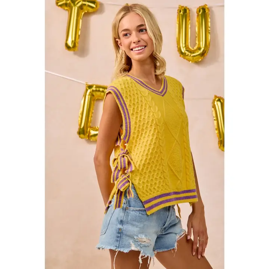 Game Day Textured Knit Sweater Top with Bow Tied Sides in gold with purple stripe trim