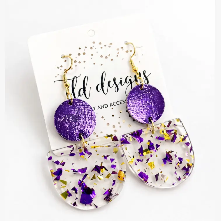 Purple confetti acrylic dangle earrings with textured purple circles, clear purple and gold confetti drops, and gold-tone hooks