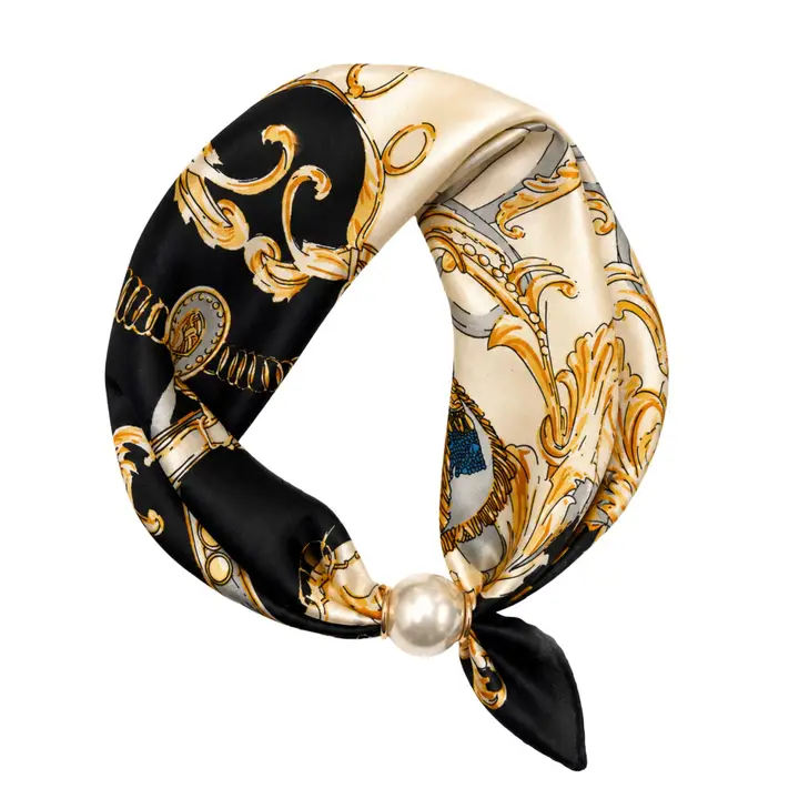 Black, ivory, and gold baroque chain-print scarf necklace with a pearl accent