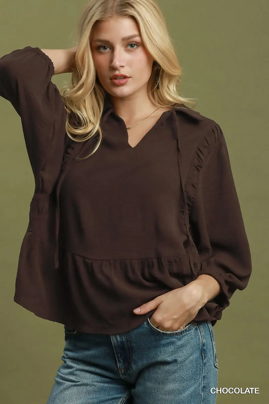 Chocolate ruffle detail peplum blouse with split V-neck and balloon sleeves