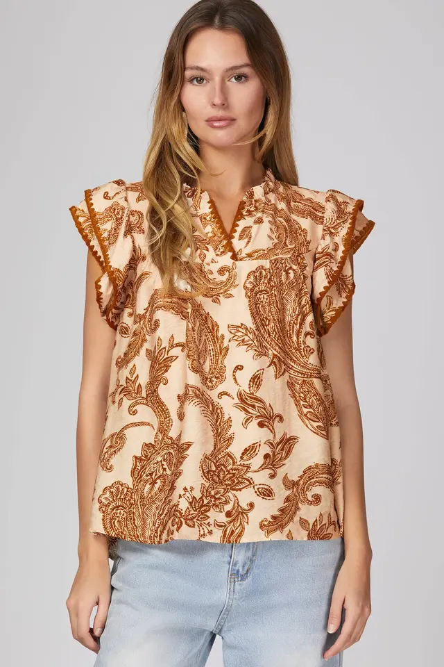 Caramel Ruffle Sleeve Contrast Stitch Printed Woven Top
