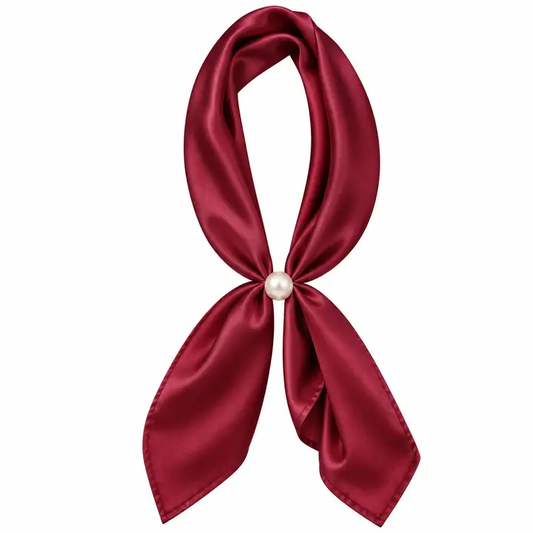 Crimson scarf necklace with a pearl-detail closure