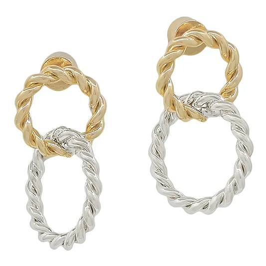 Gold and silver water-resistant double-linked cable studded earrings, approximately 20mm