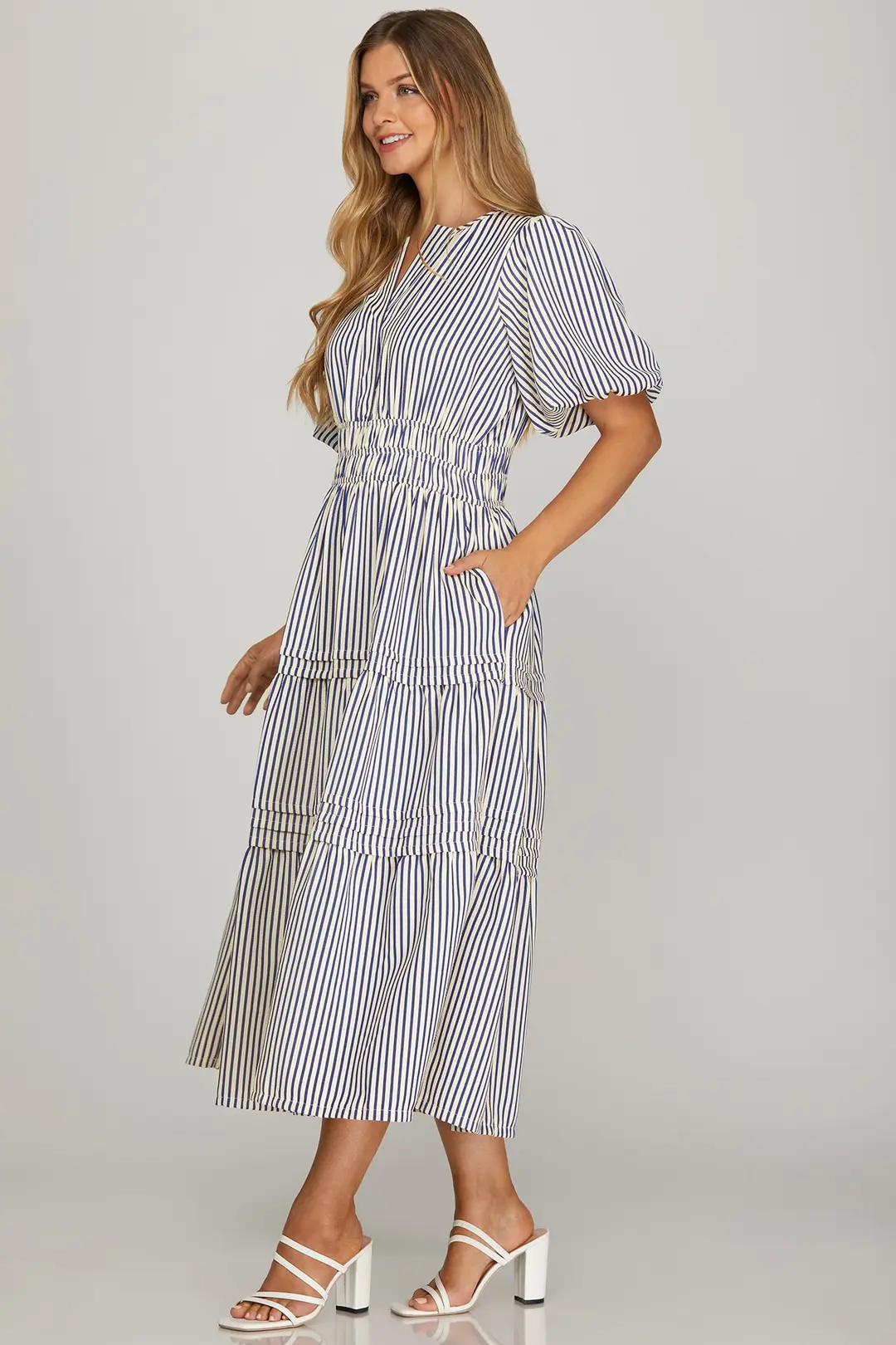 Puff Sleeve Pintuck Tiered Stripe Woven Midi Dress