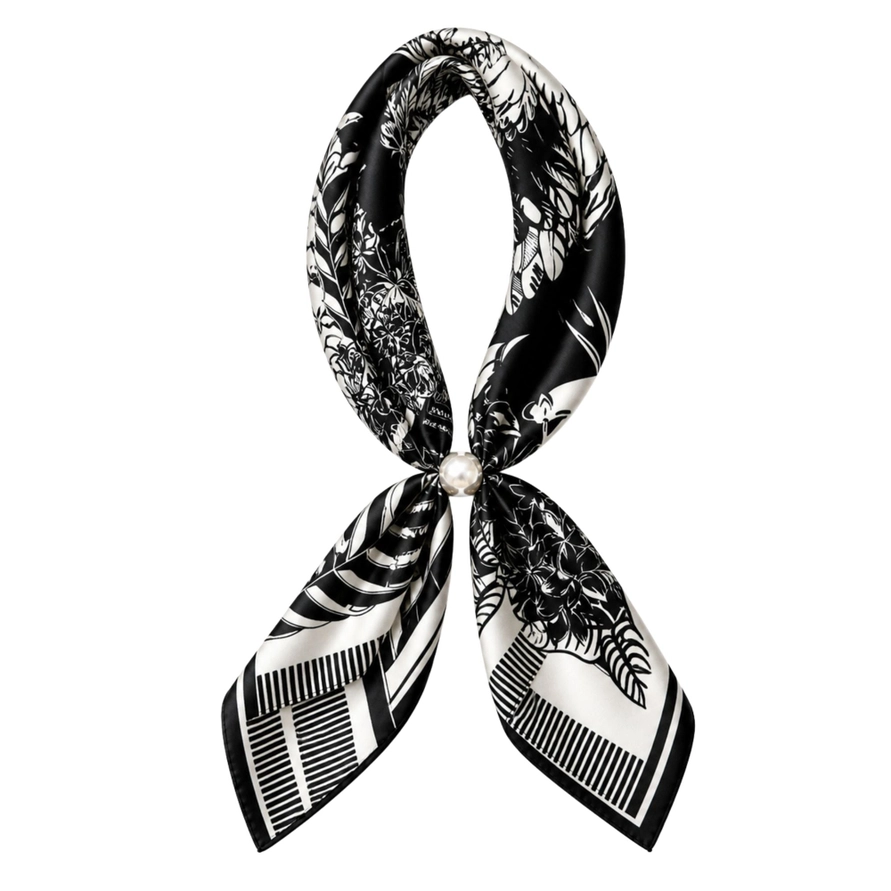 Black-and-white floral and geometric patterned scarf necklace with a pearl magnetic closure, shown against a white background.