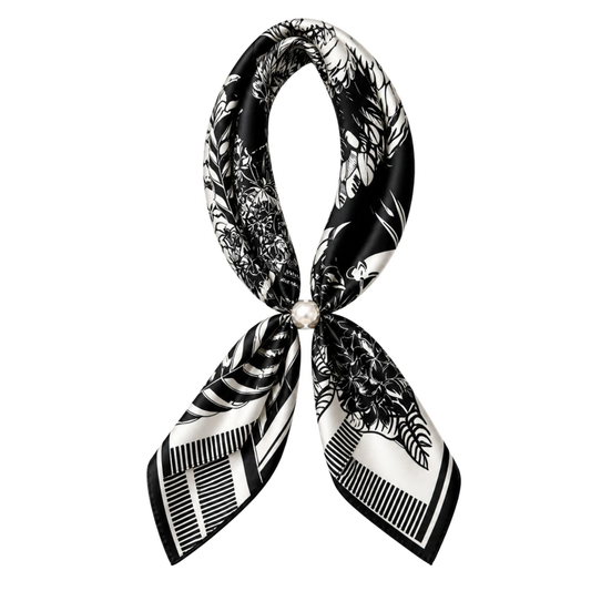 Black-and-white floral and geometric patterned scarf necklace with a pearl magnetic closure, shown against a white background.