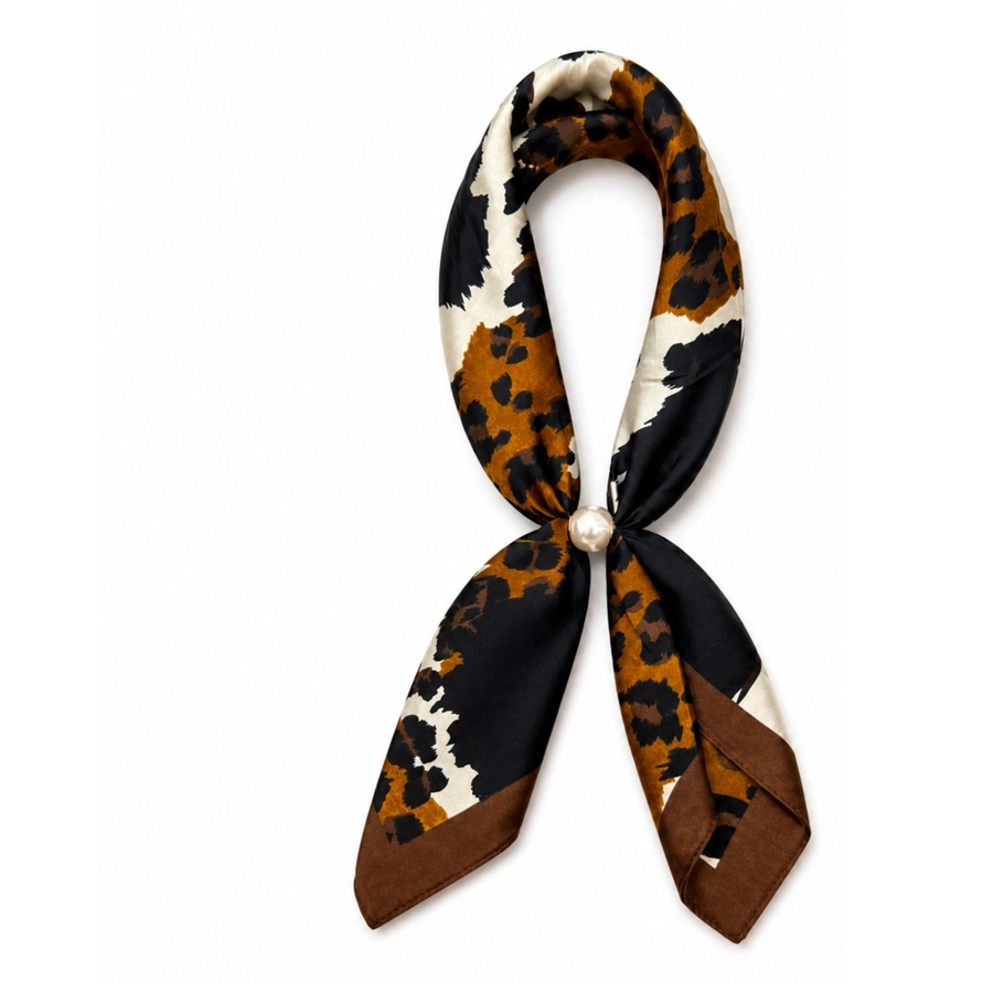 Black, warm brown, and ivory animal-print scarf necklace with a pearl magnetic closure, displayed against a white background.