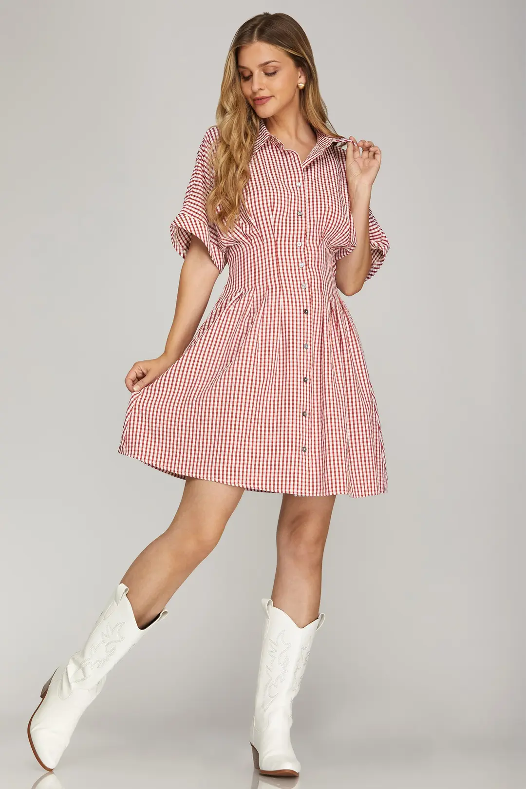 Pintuck Gingham Mini Dress