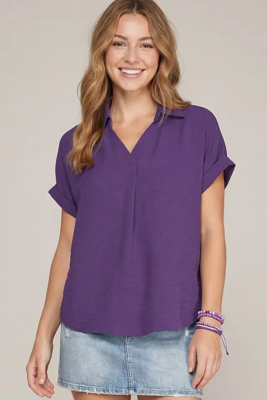 Purple Drop Shoulder Collared Woven Top