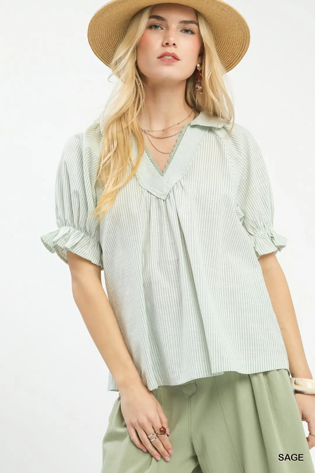 Pinstripe Ruffle Sleeve Blouse